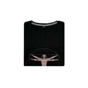 T Shirt donna nera con stampa Uomo Vitruviano di Leonardo Da Vinci piegata